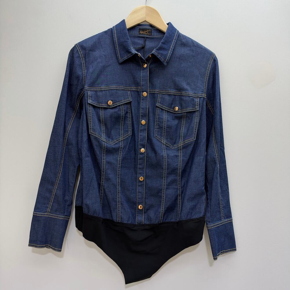 NWT Ashley Graham x Marina Rinaldi Denim Bodysuit Long Sleeve US 8 Blue Neutral